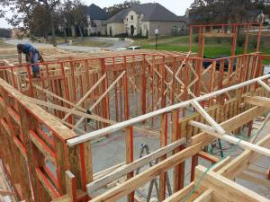 Engineered studs of wood mixed with resin provide very straight, strong studs for the 2x6 walls. 