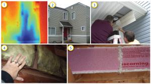 Collage showing air leak in existing porch wall with no air barrier and how air barrier was installed