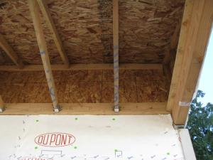Install the exterior wall sheathing to extend to or beyond the porch roof rafters