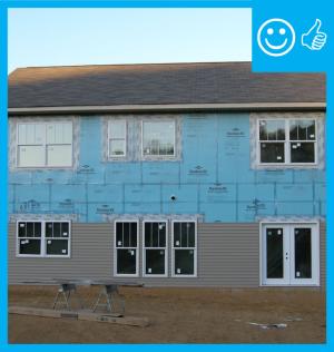 Right – Structural insulated sheathing can provide racking strength (lateral load resistance), and serve as an air barrier and thermal barrier if installed according to manufacturer’s specifications with taped, sealed seams