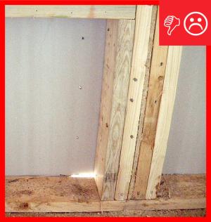 Wrong – When insulated sheathing is installed correctly, you should not see daylight. Nail holes were also left unplugged.