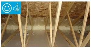 Right - Spray foam insulation air-seals the ceiling-to-drywall seams at the wall top plate.