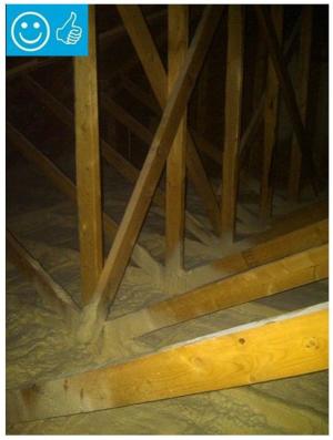 Right - Closed-cell spray foam covers the ceiling and joists to insulate and air-seal the ceiling deck.