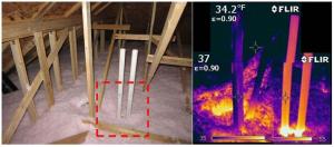 An IR camera image shows gaps around HVAC flue pipes allow conditioned air to leak through blown fiberglass into the attic