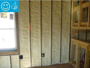 Right - Closed-cell spray foam insulation fills the wall cavities of the exterior walls in this home retrofit