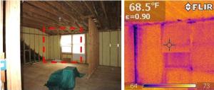 Infrared thermography during depressurization testing reveals air leakage at corner of spray foam-insulated room where wood-to-wood seams in framing were not air sealed