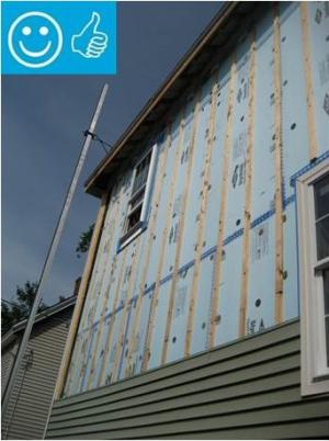 Right - XPS foam insulation is attached to the existing exterior wall with wood furring strips that serve as a nail base for the siding and are installed vertically to allow for drainage and drying behind the siding