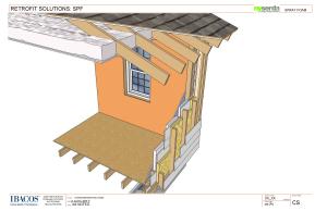 Deep energy retrofit showing insulation sprayed on exterior of walls over existing siding