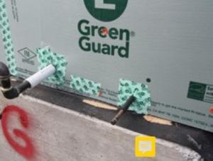 The home is sheathed with rigid foam insulation and all seams and holes are taped to provide a continuous air barrier. 