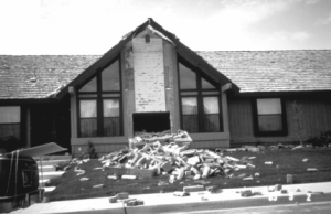 This masonry chimney completely crumbled in an earthquake