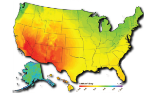 This map shows an annual average U.S. solar resource in kilowatt hours per day of solar energy available per square meter.
