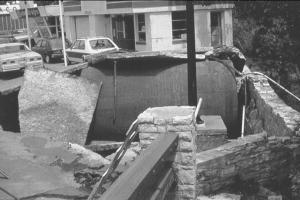 This underground storage tank was lifted out of the ground by the buoyant force of flood waters