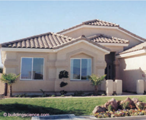A typical Las Vegas hot-dry climate home uses stucco siding and a tile roof. 