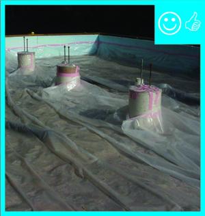 Right-Polyethylene sheeting is correctly installed over aggregate and taped to pillars and foundation wall
