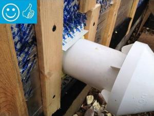Right - The duct shows redundant sealing including the caulk, tape, and flashing