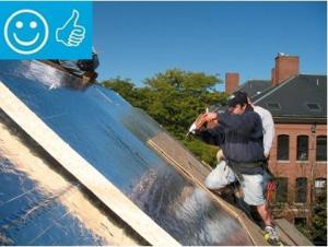 Right - These roof insulation panels are installed in multiple layers with joints offset both vertically and horizontally. The plywood nail base fastened to the roof framing holds the insulation layers together snuggly thus minimizing gaps 