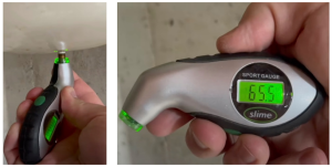 Check the air pressure of the water heater's expansion tank using an air pressure gauge (shown) and adjust it using an air pump to match the home's cold water pressure.