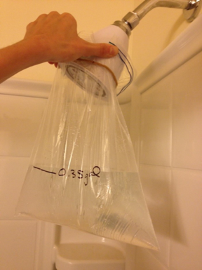 A WaterSense-labeled showerhead is tested to ensure a flow of ≤ 0.35 gallons in a 10-second test.