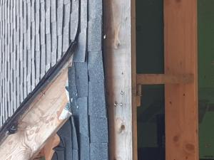 Wrong - Roof is missing metal drip edge to cover the edge of OSB roof decking, roof underlayment should be trimmed back, and asphalt shingles are poorly installed.