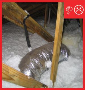 Wrong: Duct is hung between truss members by strapping and not buried