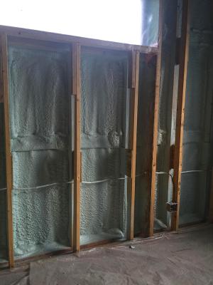The double walls form a 12-inch cavity that was sheathed with a coated OSB then coated with 3 inches of closed-cell spray foam; they will be filled with 9 inches of blown fiberglass.  