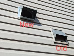 The “old” exhaust fan vent on the right was installed before or during the siding installation and is likely properly flashed- the “new” exhaust fan on the left was installed after the siding was installed and relies on caulking to keep water out