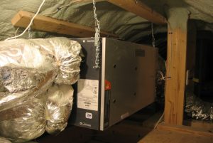 This HRV, installed in a conditioned attic, provides balanced ventilation to the whole home