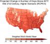 The number of days per year that the temperature exceeds 90°F is expected to increase throughout the contiguous U.S. when comparing mid-century (2036-2065) to near-present (1976-2005)