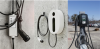 From left to right: plug-in EV charger, wall-mounted EV charger, and pedestal EV charger. 