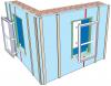 A flanged window unit is installed with straps that fasten to the interior surfaces of the plywood extension box; furring strips on each side of the window will be attached after the flanged window is installed and flashed
