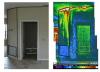 The grille in the photo on the left brings air into a return air plenum under an air handler platform. As shown in the infrared image on the right, the plenum is not air sealed so hot attic air is being pulled into the air handler closet. 