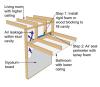 Rigid foam or wood blocking can be installed and sealed as shown to prevent airflow through the wall cavities between two rooms of different ceiling heights.