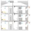 In this ventilation configuration for a multifamily building, outside air enters through a dedicated outdoor air system (DOAS), and inside air exits the space through bathroom and kitchen exhaust fans 
