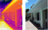 Infrared photometry shows the impact of a roof overhang on the south façade of a home, where the unshaded patio stonework is significantly hotter than the shaded portions of the patio and wall surfaces (temperature scale shown is in Celsius).