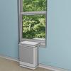 This depiction of a saddle installed window heat pump does not obstruct window use and provides fairly quiet 120 Volt operation