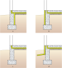 Right - Potential locations for slab-on-grade stem insulation in new construction: slab insulation should always be underneath, with stem walls insulated (a) inside, (b) outside, (c) not at all, or (d) outside with underground extension to repel moisture.