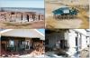 Buildings damaged by a hurricane storm surge: upper homes on gulf shoreline were hit by large waves above the lowest floor, lower left home on bay and right school 1.3 miles from gulf shoreline were hit by surge and small waves. 