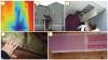 Collage showing air leak in existing porch wall with no air barrier and how air barrier was installed