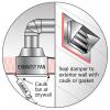 Caulk or foam seal between the exhaust fan housing and the ceiling gypsum; install a gasket or caulk around the exterior exhaust duct vent