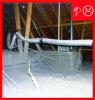 Wrong: This exhaust fan duct is too long and terminates in the attic instead of going through the roof and it is improperly supported; it needs straps all along its length to prevent sagging.