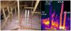 An IR camera image shows gaps around HVAC flue pipes allow conditioned air to leak through blown fiberglass into the attic
