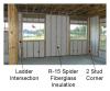 Advanced framing details include open headers and reduced framing around windows and two-stud corners to allow more room for insulation in the wall cavities while reducing lumber costs.