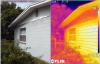 The IR image on the right shows the sun is heating the southeast-facing wall of this concrete-block house to 36C (97F); this corner of the home would not be a good place for a cool room due to lack of shading and insulation