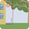 Wrong – Tree branches close to the house are prone to spreading crown fires to the house; the tree should be trimmed so that branches are at least 10 feet back from the red dashed line indicating the deck railing of the house.